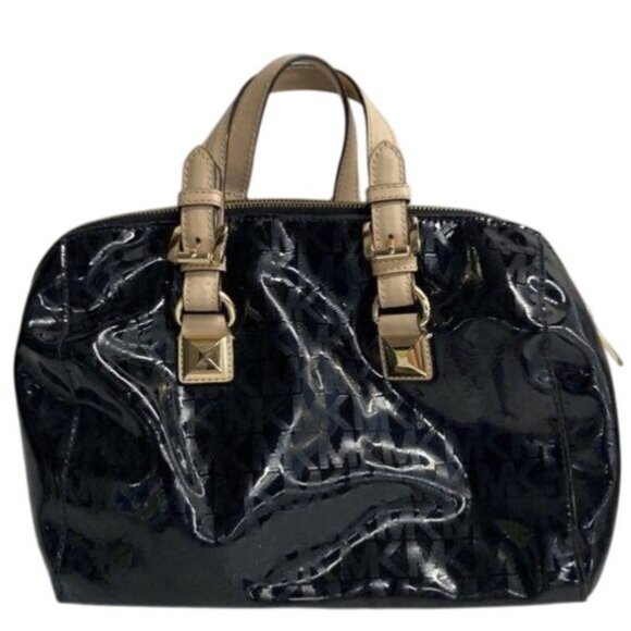 Michael Kors Black Patent Leather Satchel Bag With Gold Hardware & Tan Handles - Picture 2 of 4